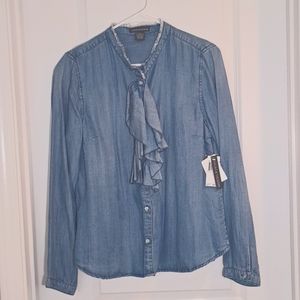 Chelsea & Theodore Long Sleeve Ruffle Detail Denim Blouse Size L NWT